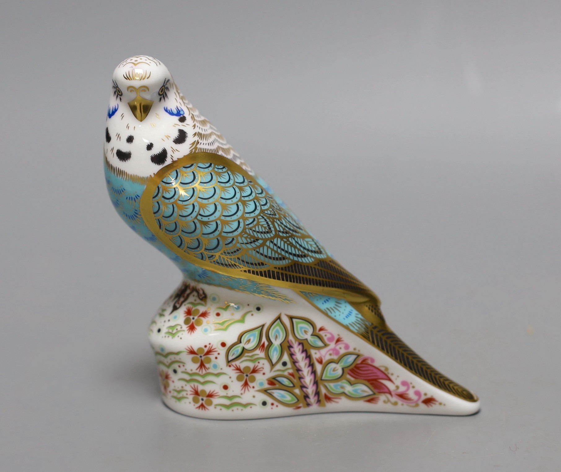 A limited edition Royal Crown Derby paperweight - Sky Blue Budgerigar, gold stopper, boxed with edition card, 647/1000